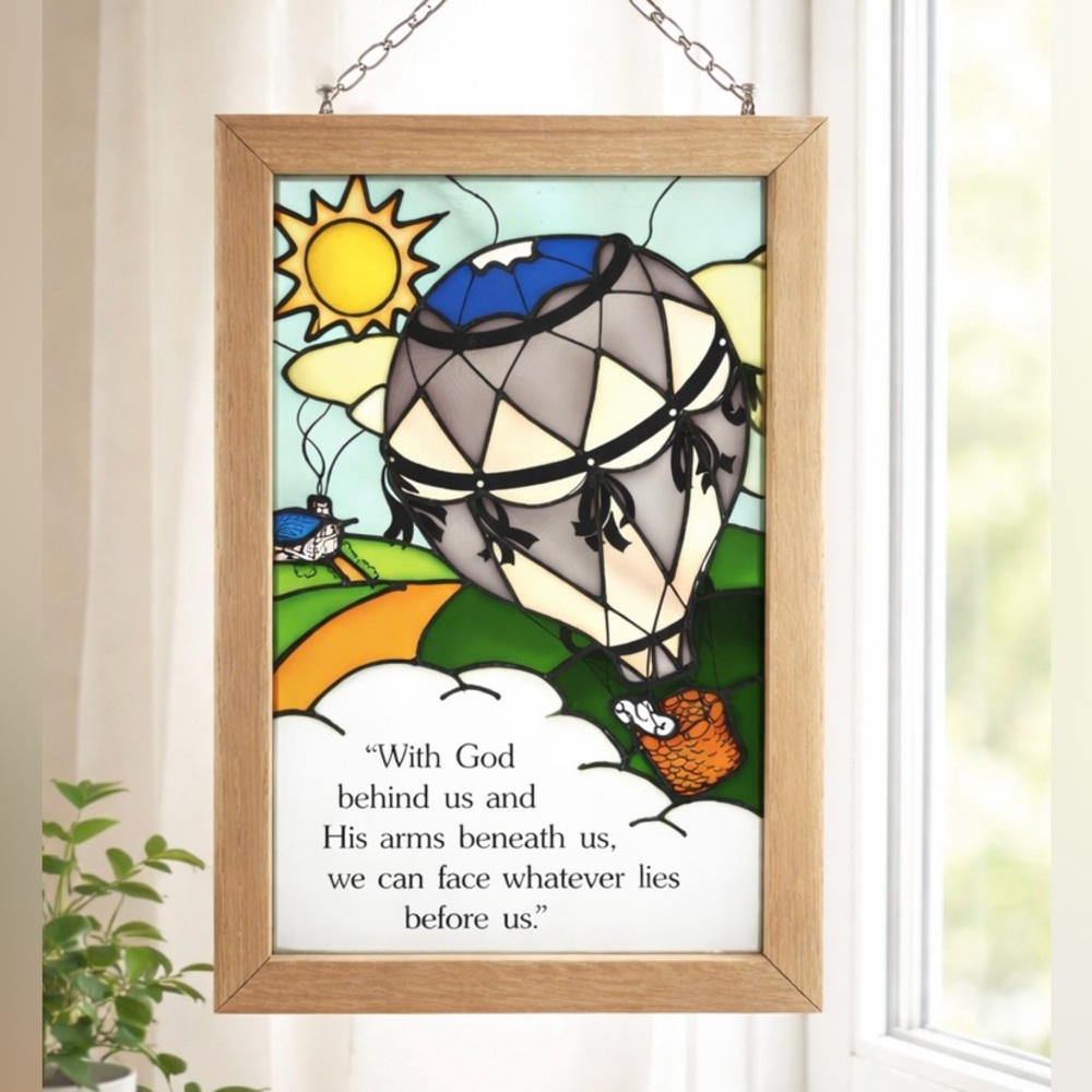 Stained Glass Style Hot Air Balloon Wall Hanging with Inspirational Quote 7x10”